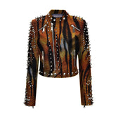 Women’s Tiger Stripe Leather Jacket – Orange Slim-Fit Moto Style with Spiked Studs, Custom Partywear